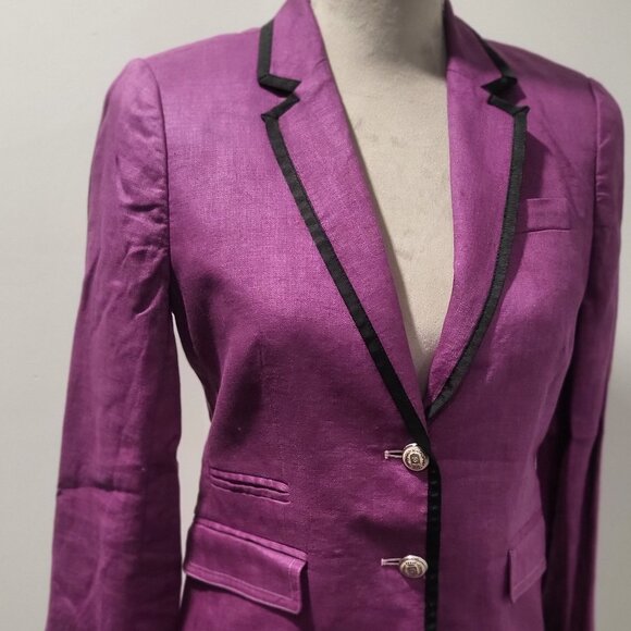 J Crew Purple Linen Blazer with Black Piping, Size 2 (fits 4) 100% Linen - Picture 7 of 10